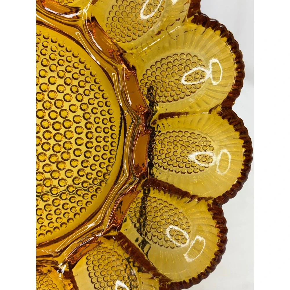 VTG Indiana Glass Tiara Hobnail Amber Deviled Egg Plate Scalloped 15 Slot 11